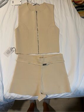 Beige Zip-Front Crop Top & High-Waist Shorts Set